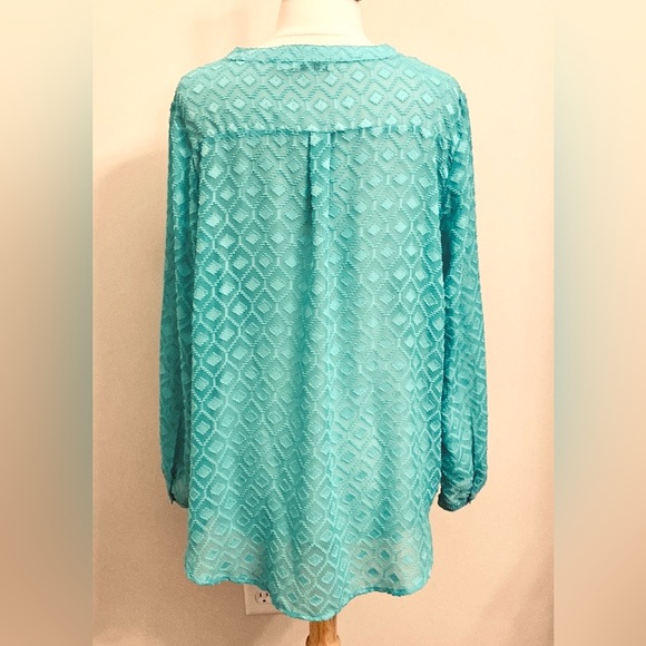 Retro Threads Blouse Diamond Clip Dot Geometric Semi Sheer Turquoise Green XXL - Picture 9 of 12